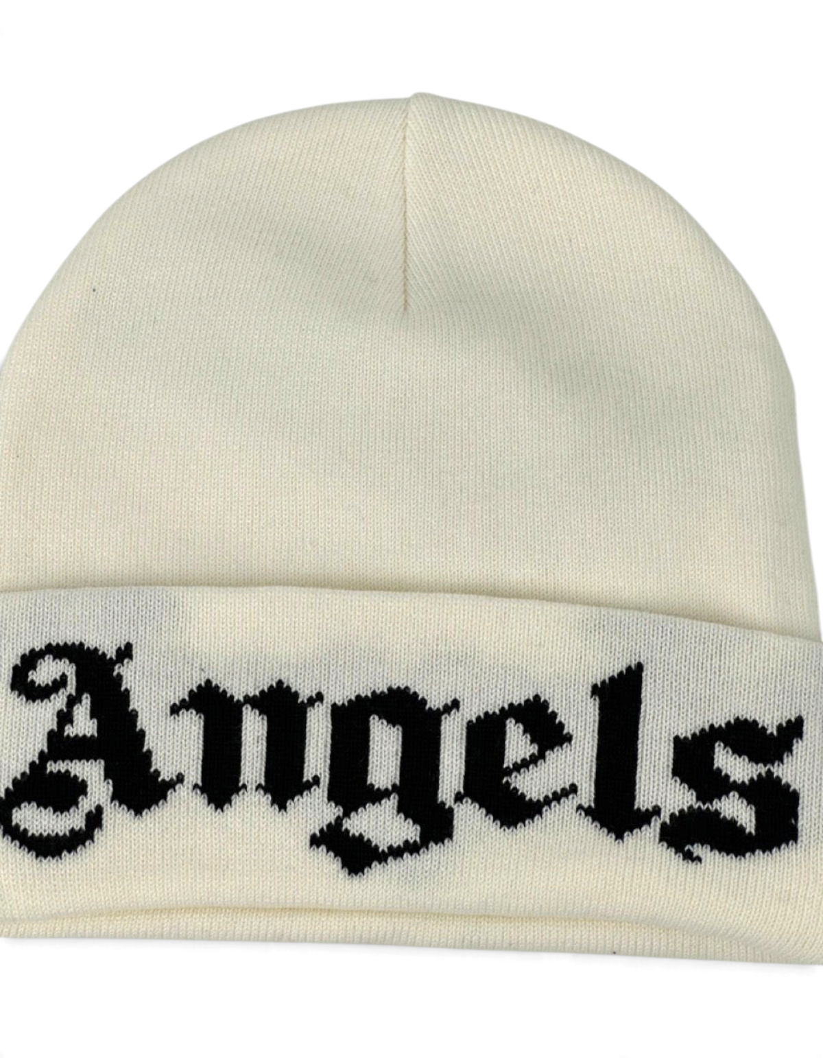 Berretto beanie Palm Angels bianco in misto cotone con scritta Angels nera a contrasto sul risvolto