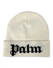 Berretto beanie bianco in misto cotone con logo Palm Angels nero ricamato sul risvolto