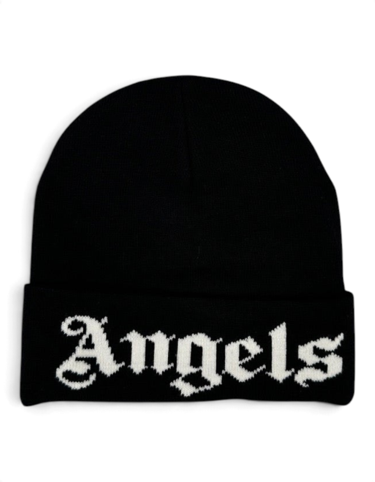 Berretto beanie Palm Angels unisex nero in misto cotone con logo Angels bianco a contrasto sul risvolto