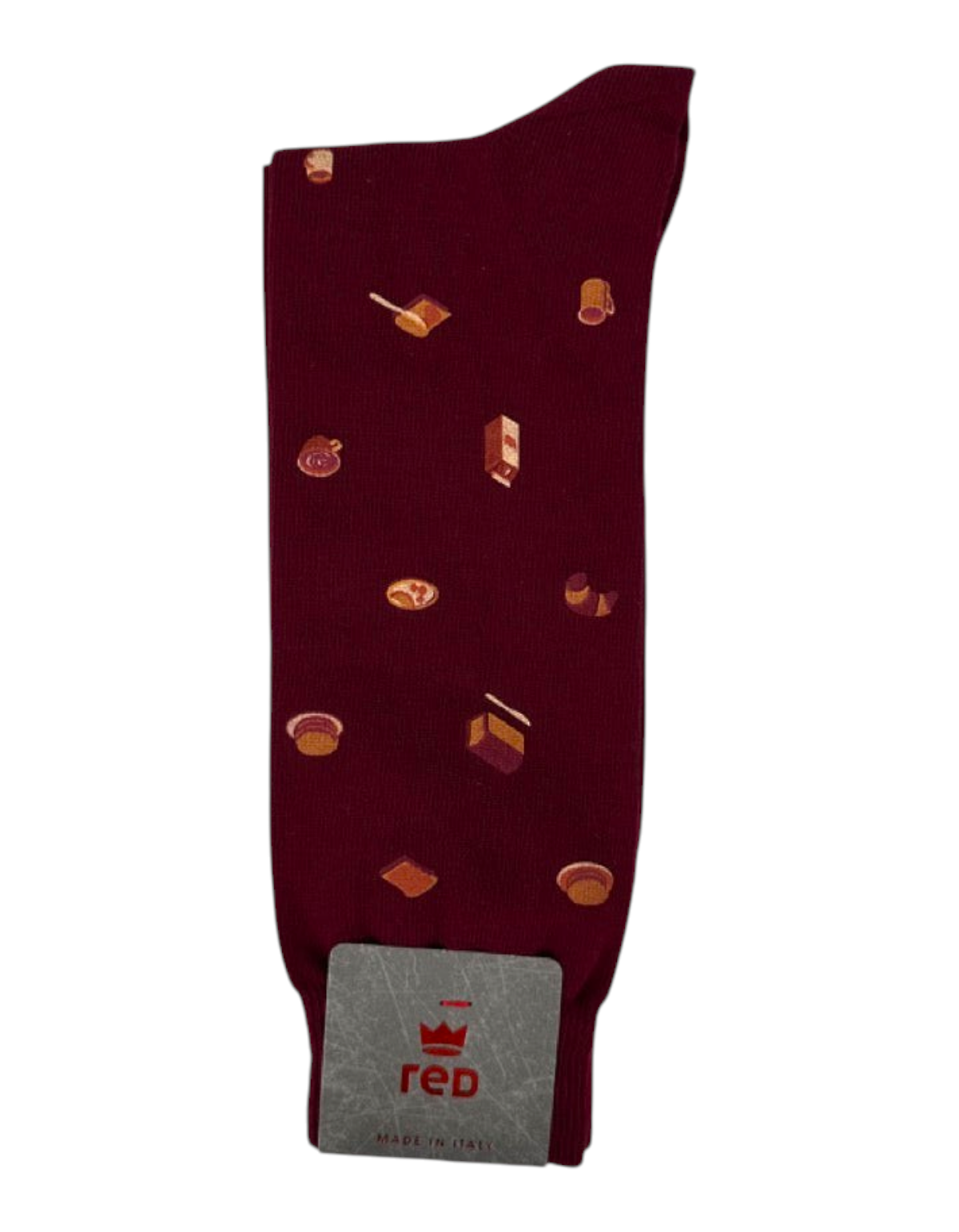 Calze uomo Red Sox Appeal bordeaux in cotone con fantasia a tema colazione e logo sulla confezione