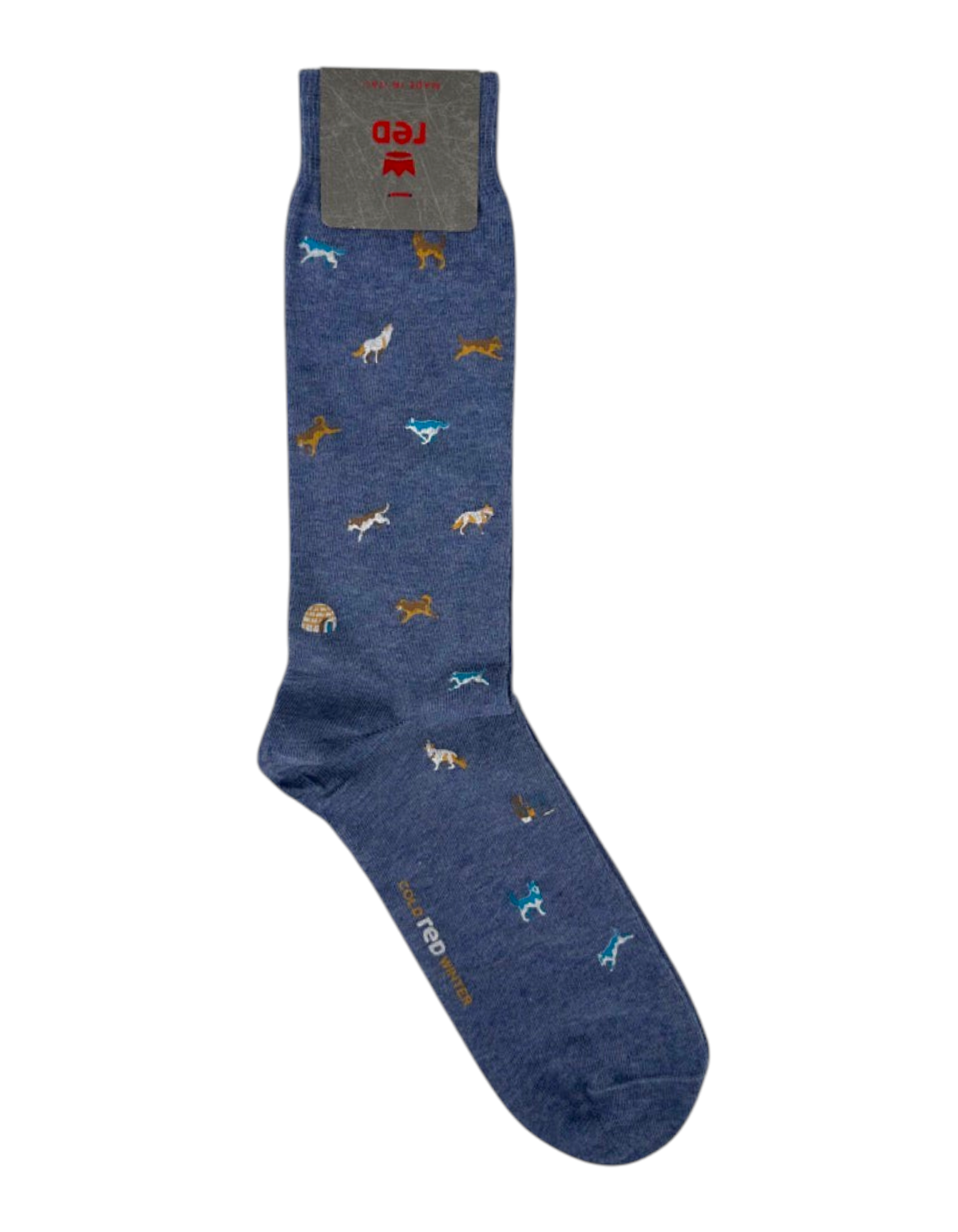 Calze da uomo Red Sox Appeal modello Winter Wolf in cotone blu denim con fantasia di lupi e igloo