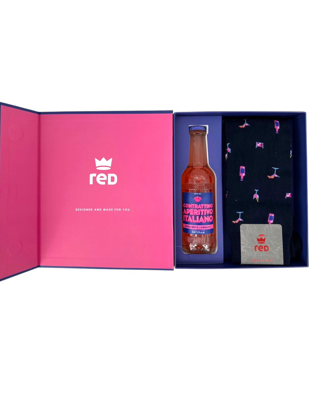 Kit regalo Red Sox Appeal con calze lunghe blu a fantasia cocktail e bottiglia di aperitivo in scatola rosa
