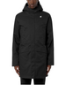 Modello indossa giacca tre quarti K-Way Jarno Twill Marmotta nera impermeabile con cappuccio, disponibile da DevidLabel