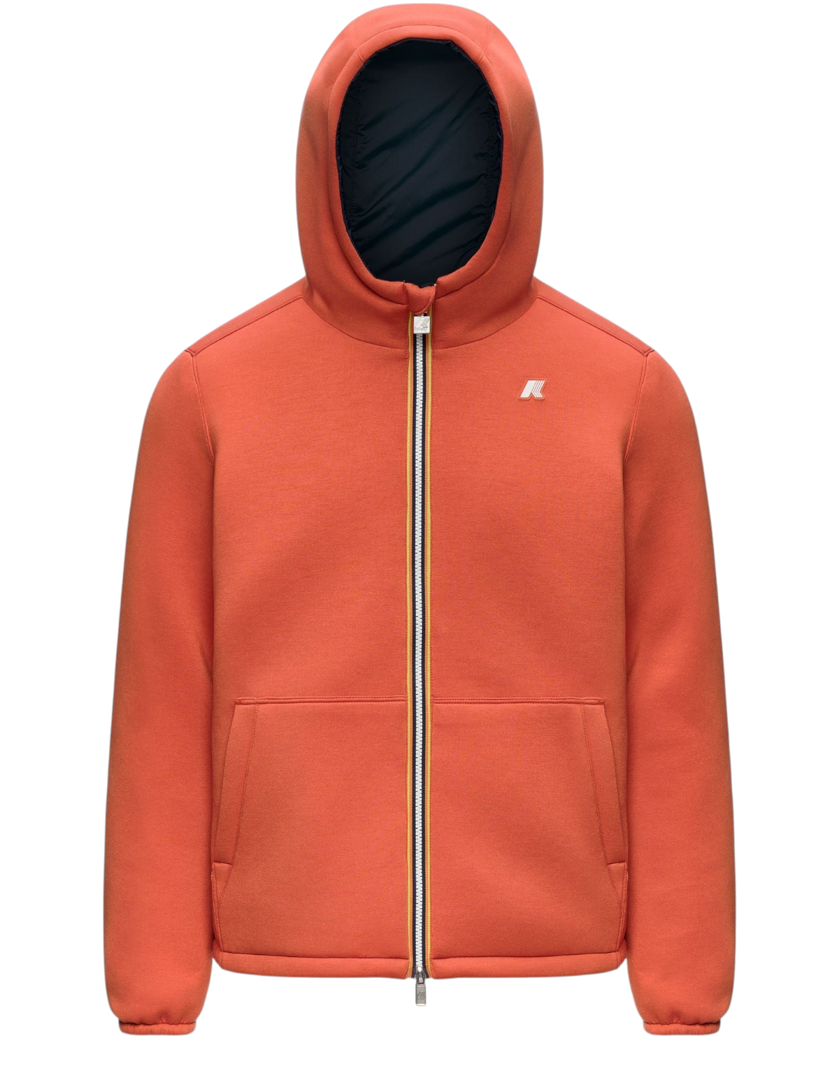 Giacca K-Way Jack Spacer Nylon Double DevidLabel color arancione e blu con cappuccio e chiusura a zip frontale