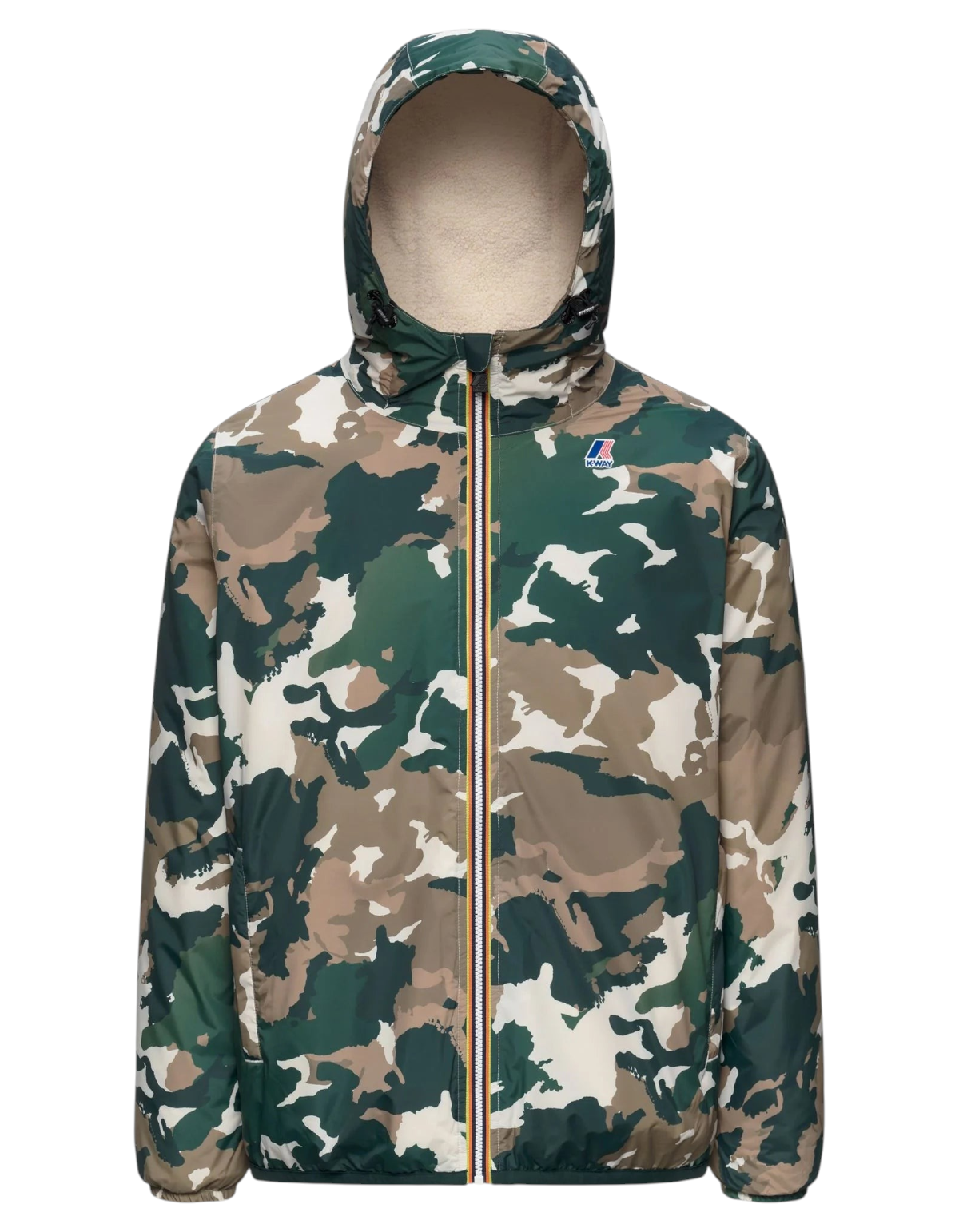 Giacca K-Way Claude Orsetto Graphic Camo con interno in pile, cappuccio e zip frontale, proposta da DevidLabel.