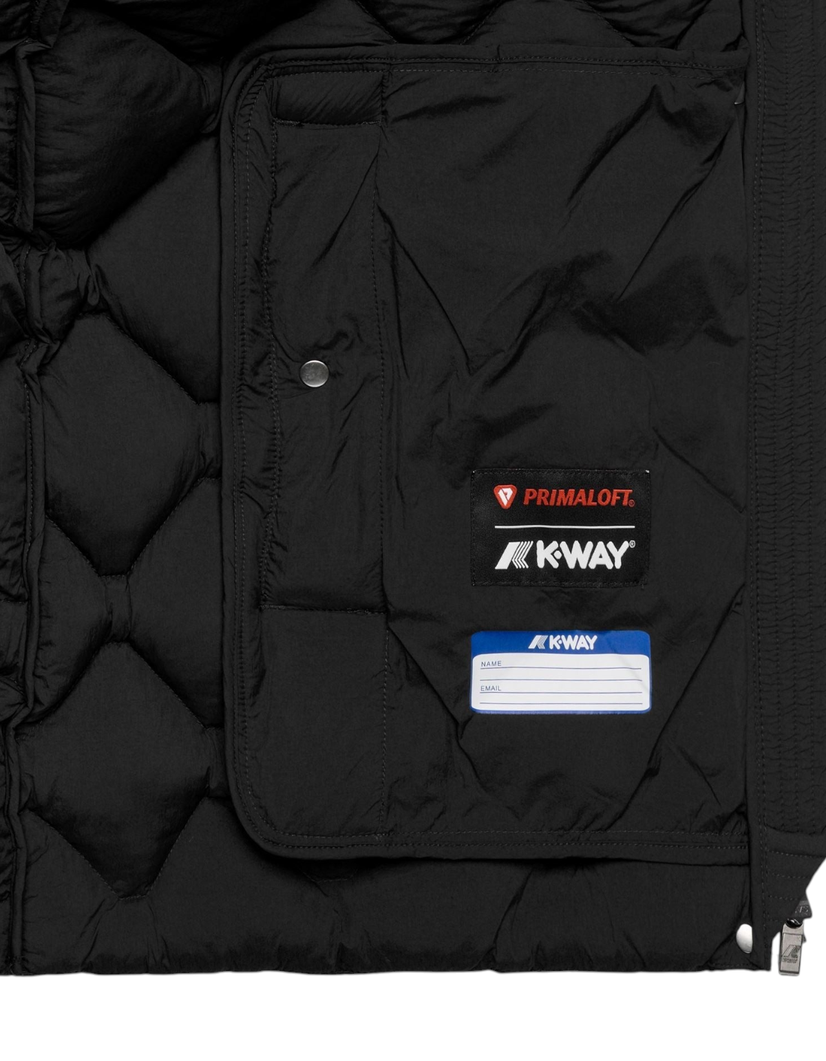 Dettaglio interno della giacca DevidLabel K-Way Siphane Hybrid Warm Shell nera con etichette Primaloft e K-Way