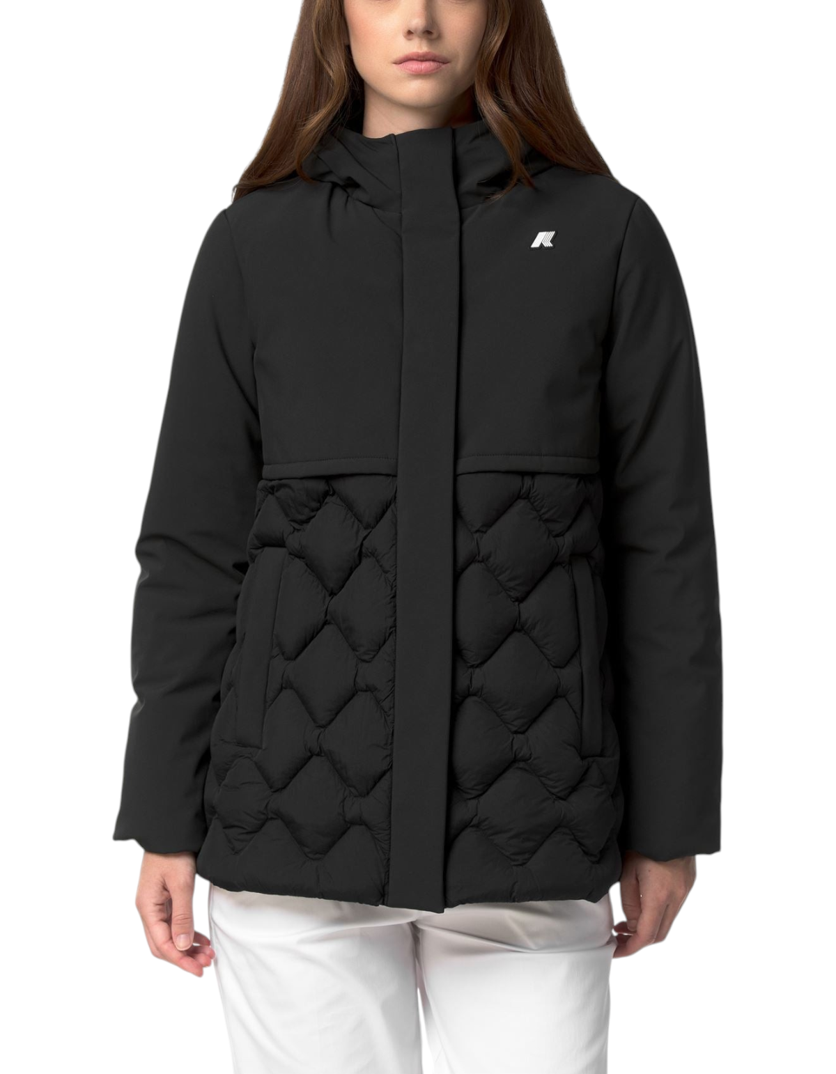 Giacca ibrida donna K-Way Siphane Warm Shell nera con trapuntatura frontale, proposta da DevidLabel