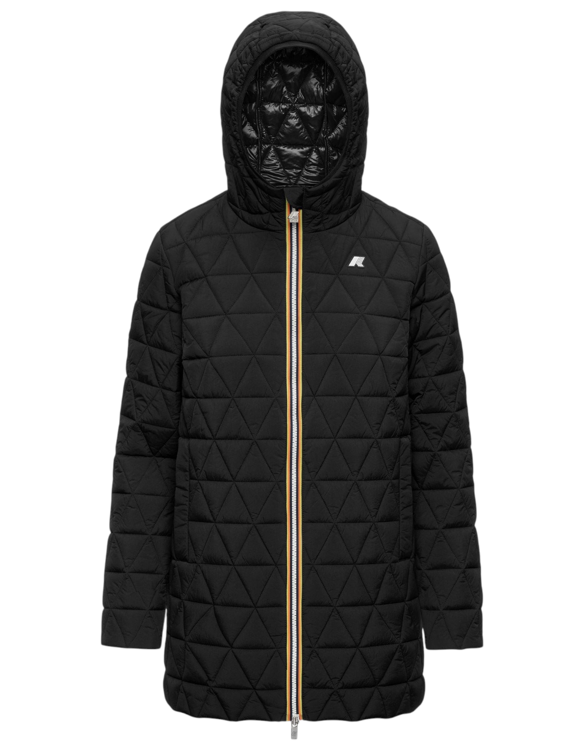 Giacca K-Way Sophie Diamond Quilted Warm nera da donna con cappuccio e trapuntatura a rombi, disponibile da DevidLabel
