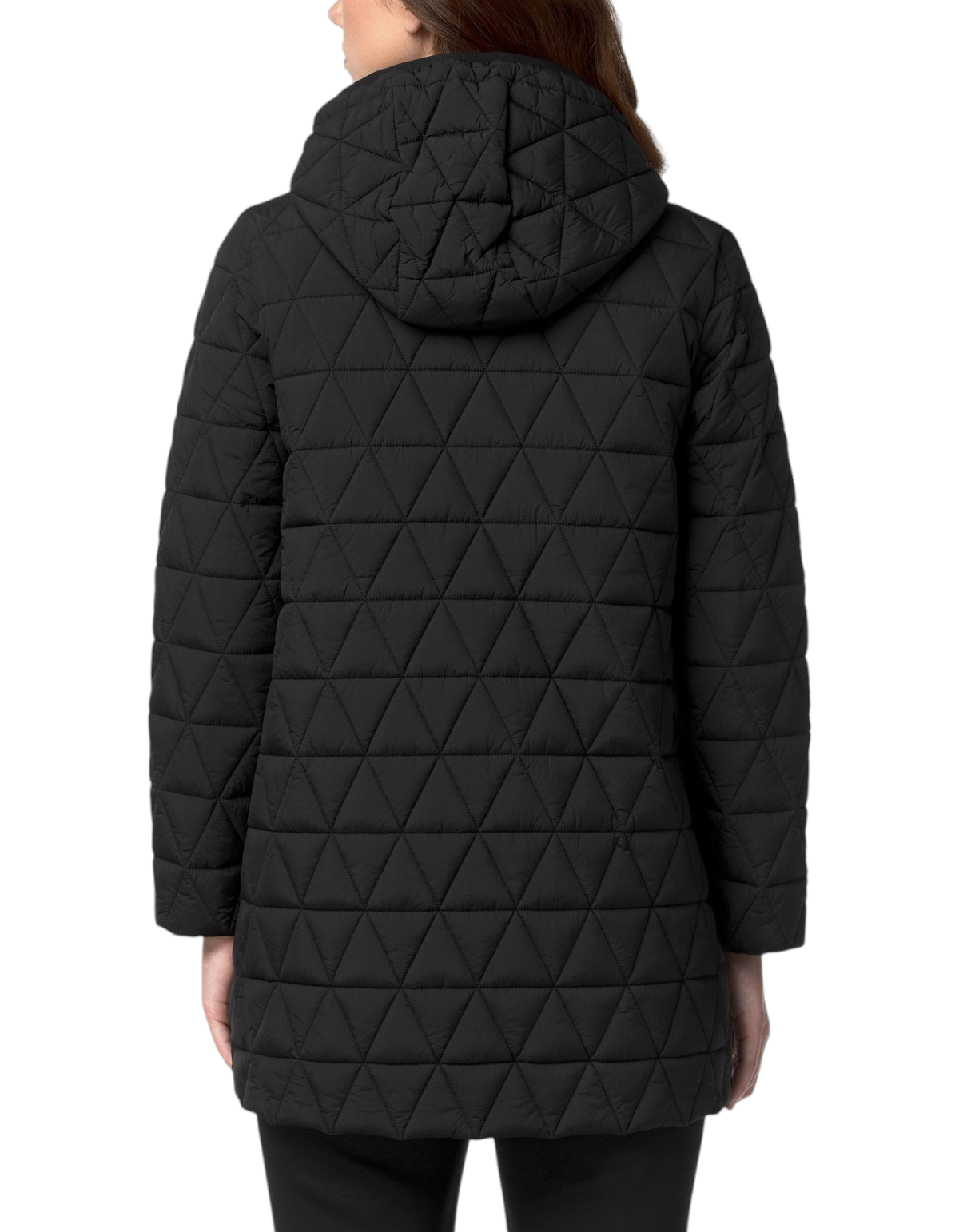 Vista posteriore della giacca K-Way Sophie Diamond Quilted Warm nera con cappuccio e trapuntatura a rombi DevidLabel