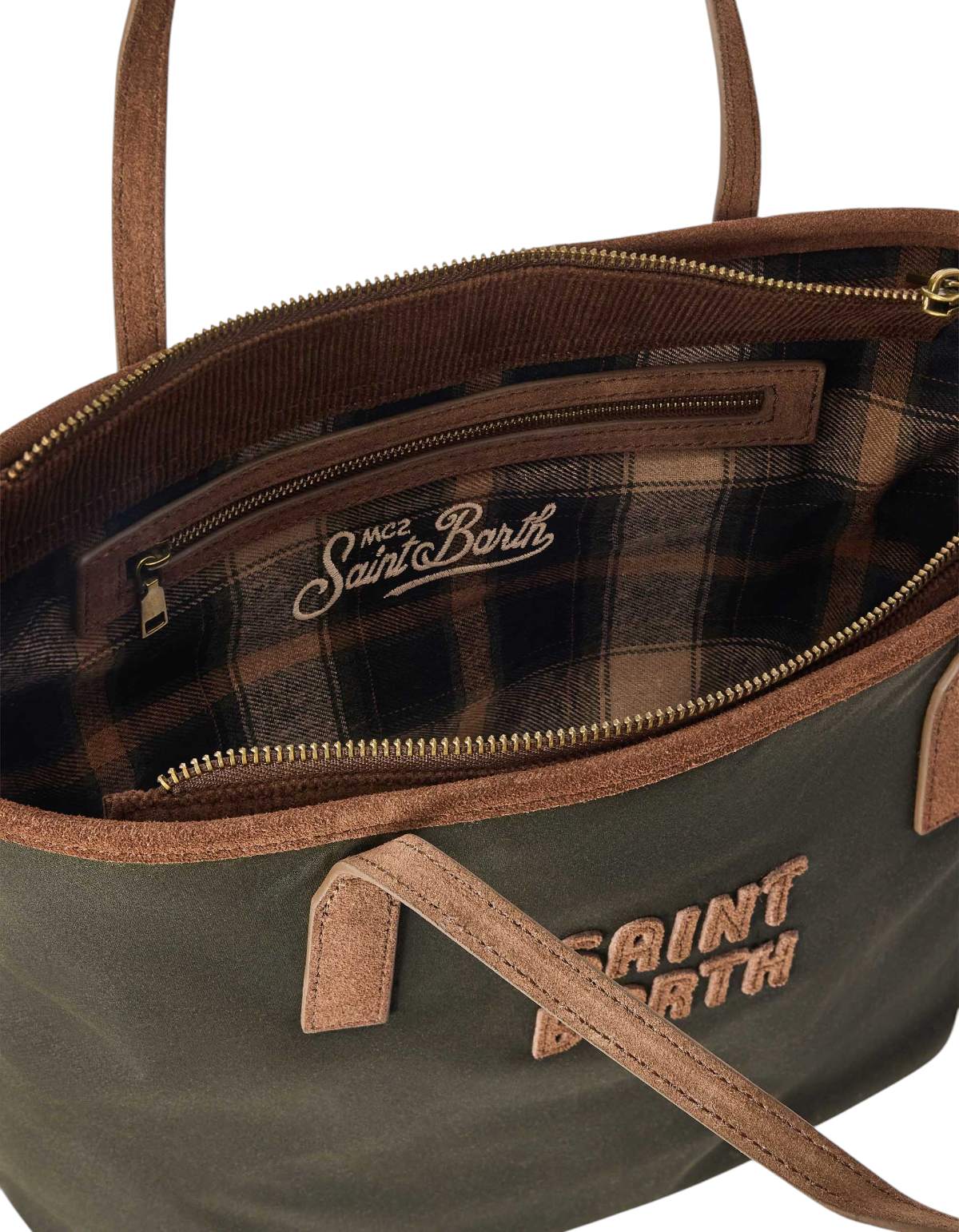 Interno della borsa a spalla DevidLabel MC2 Saint Barth City Bag Mid Wax in tessuto cerato verde con fodera a quadri