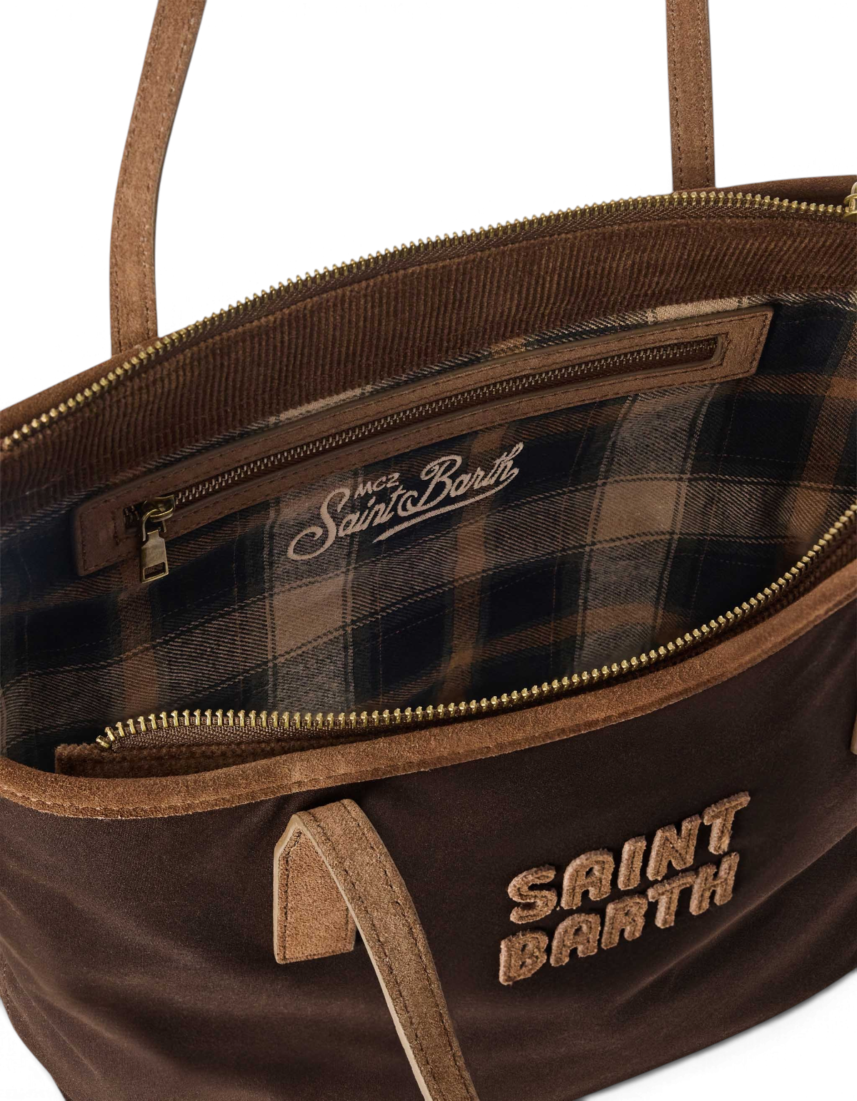 Borsa DevidLabel MC2 Saint Barth City Bag Medium Wax 18 in tessuto marrone con interno a quadri e logo ricamato