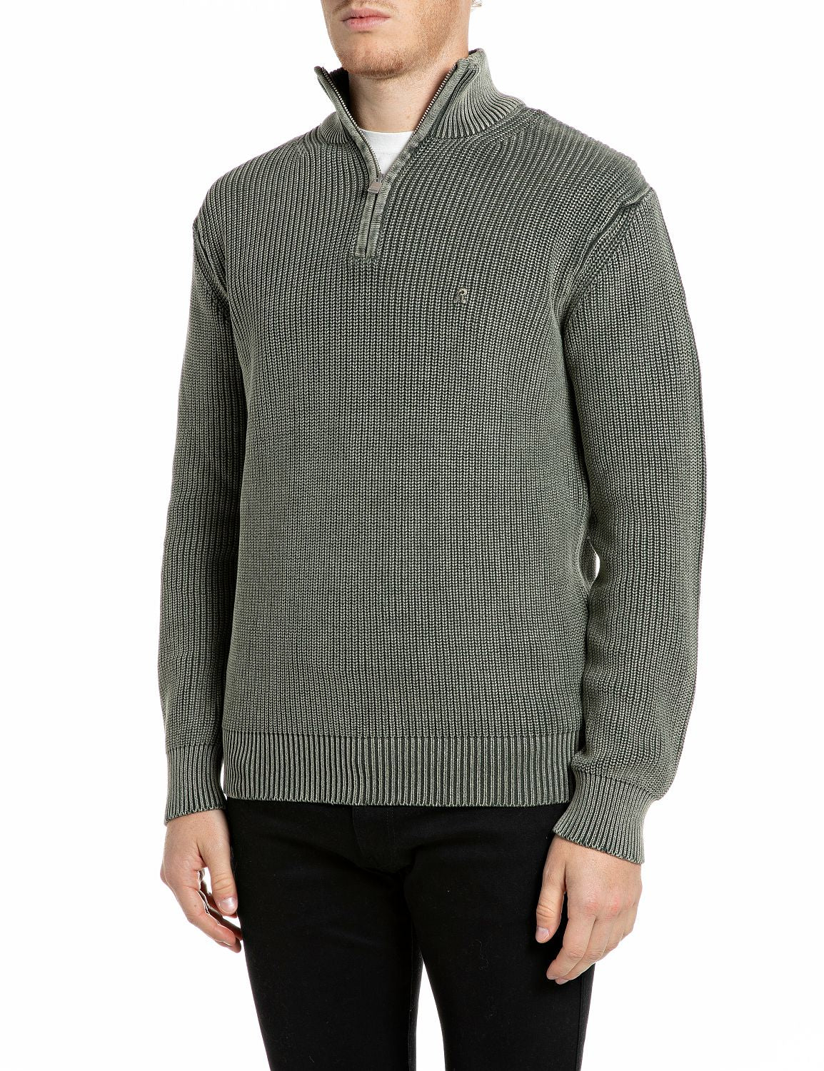 Maglione Full Zip in Cotone Effetto Used Military - vista F