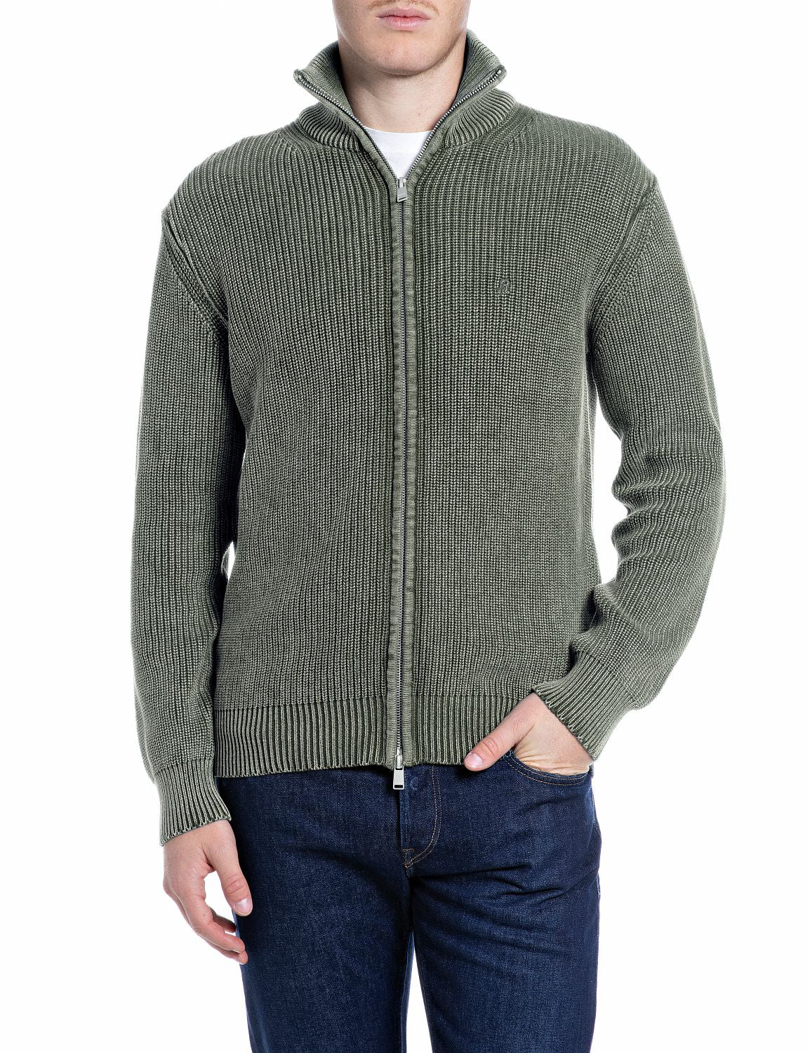 Cardigan Full Zip in Cotone Effetto Used Military - vista F