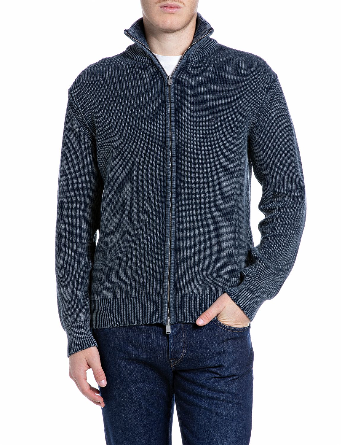 Cardigan Full Zip in Cotone Effetto Used Total Eclipse - vista F