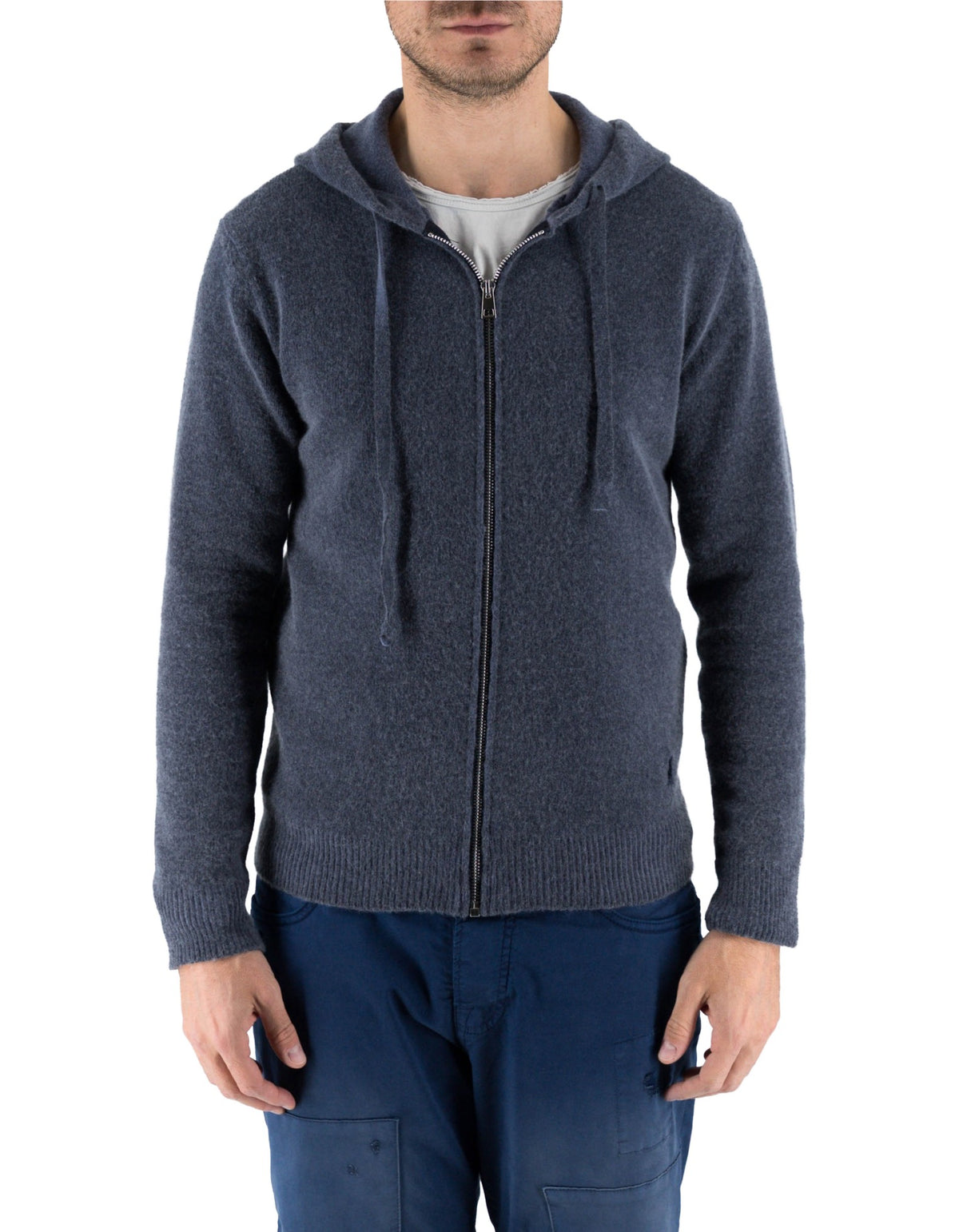 Devid Label Goteborg - Maglia Zip con Cappuccio - Lana Cashmere, Blu Notte – dettaglio prodotto 5 – Master SKU DL_DL010_BLU_NOTTE