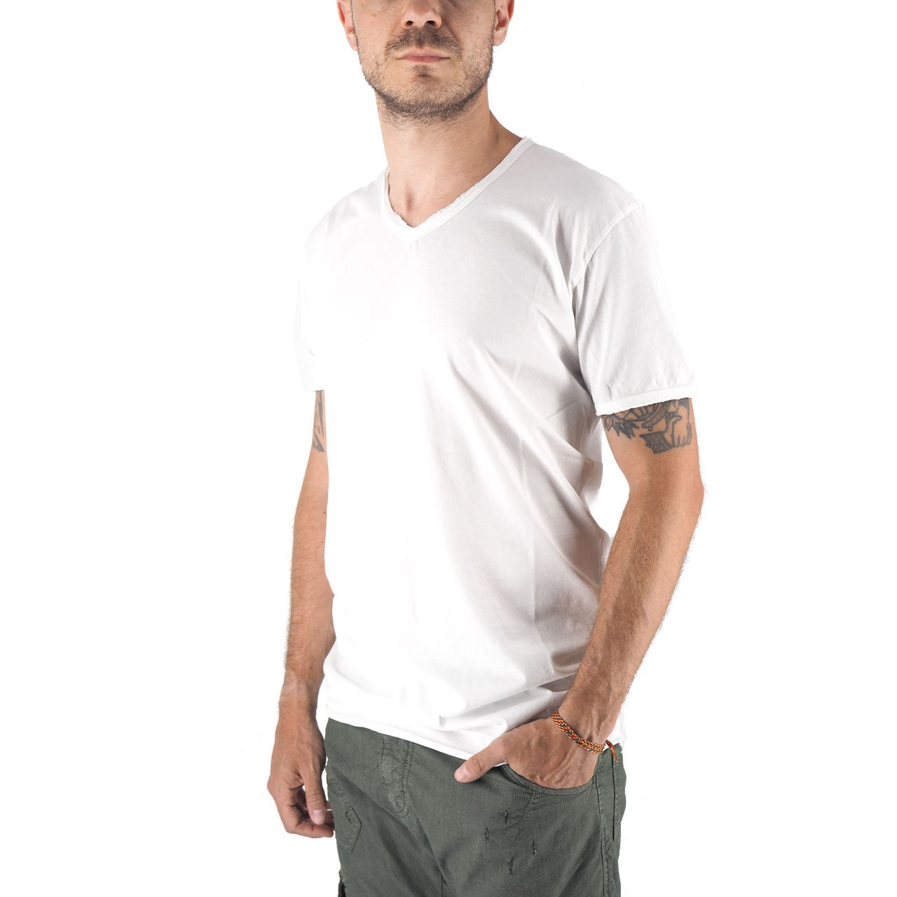 Devid Label Mosca - T-shirt Scollo V - Taglio Vivo, Bianco – dettaglio prodotto 4 – Master SKU DL_MOSCA BIANCO