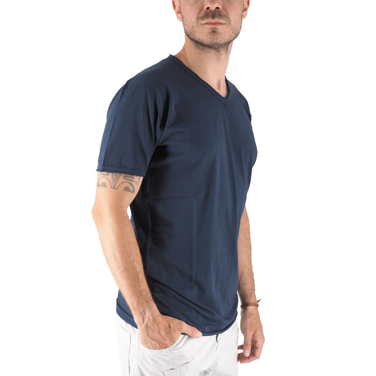 Devid Label Mosca - T-shirt Scollo V - Taglio Vivo, Blu Navy – dettaglio prodotto 4 – Master SKU DL_MOSCA BLU NAVY