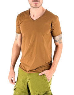 Devid Label Mosca - T-shirt Scollo V - Taglio Vivo – vista principale – Master SKU DL_MOSCA TABACCO