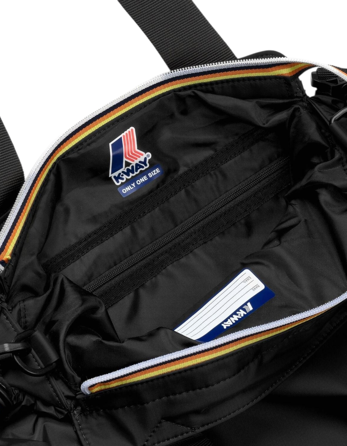 Interno della borsa DevidLabel K-Way Aisy Black Pure con fodera nera, dettagli a righe colorate e etichetta identificativa