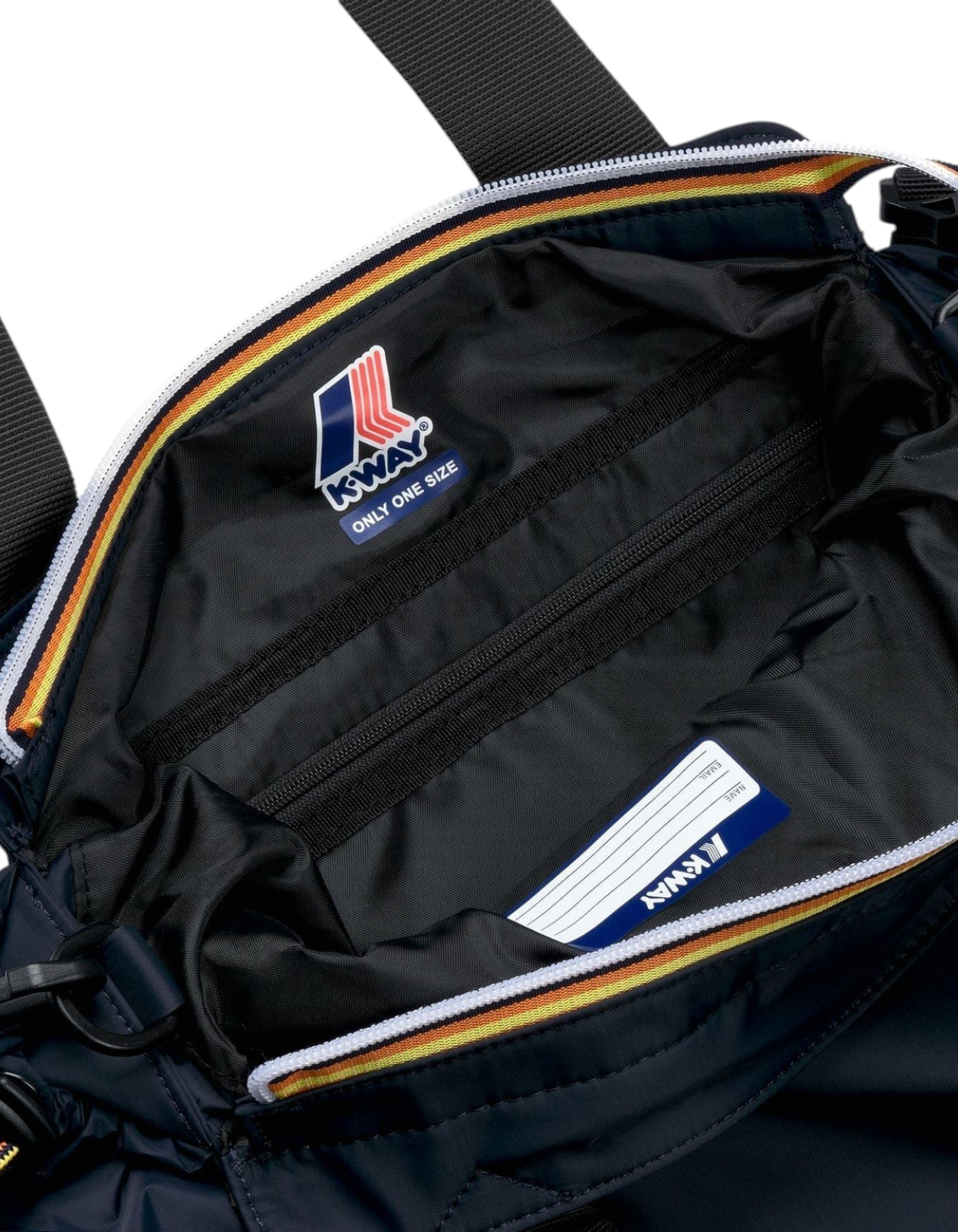 Interno della borsa DevidLabel K-Way Aisy Blue Depth con zip, etichetta logo e dettagli iconici a righe