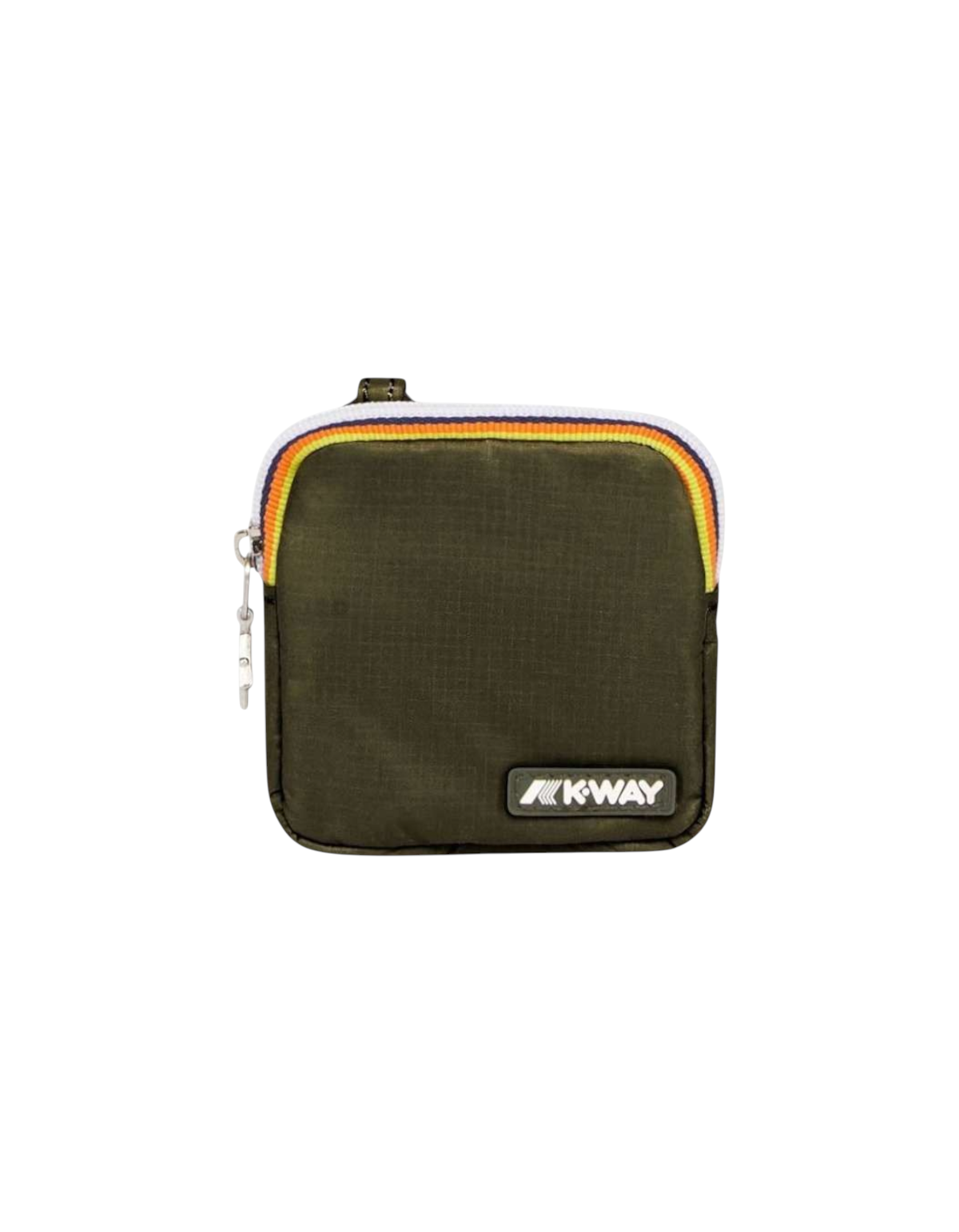 Custodia DevidLabel K-Way Emee verde scuro con iconica zip colorata e logo frontale, design compatto e funzionale
