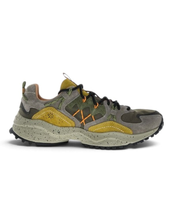 Sneaker DevidLabel Flower Mountain Yamabushi in suede e nylon color fango, marrone scuro e dettagli giallo acido