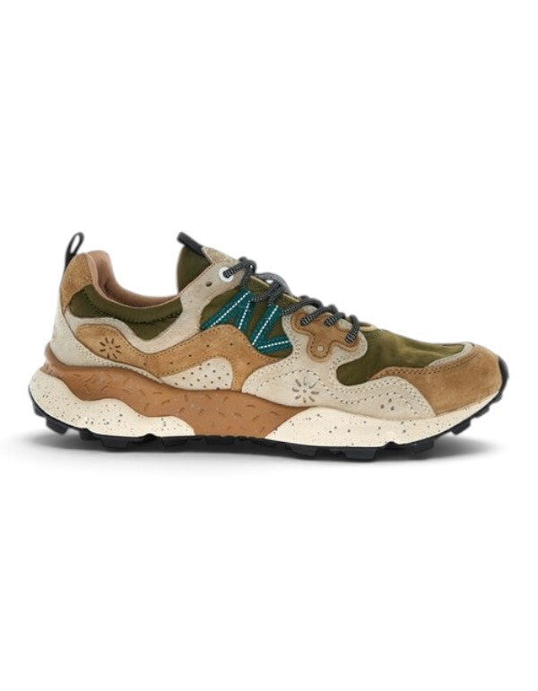 Sneaker DevidLabel Flower Mountain Yamano 3 in suede e nylon color crema, marrone e taupe con suola tecnica maculata
