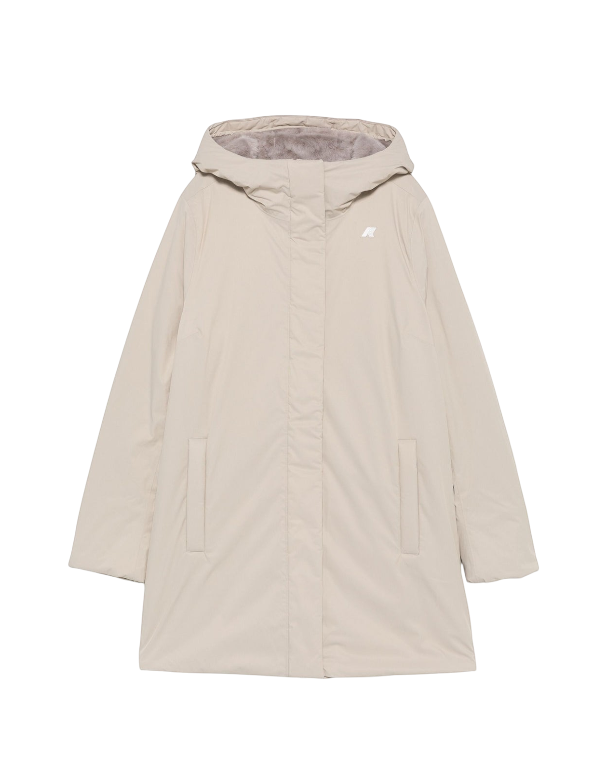 Giacca K-Way Sophie Twill Soft Beaver da donna color beige cashmere e grey warm con cappuccio, proposta da DevidLabel