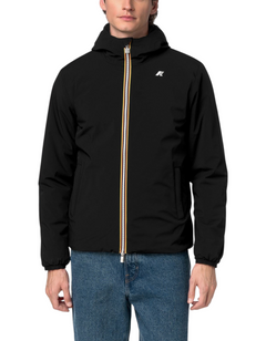 Giacca K-Way Jack ST Warm Double nera con zip iconica multicolore indossata da un uomo, proposta da DevidLabel