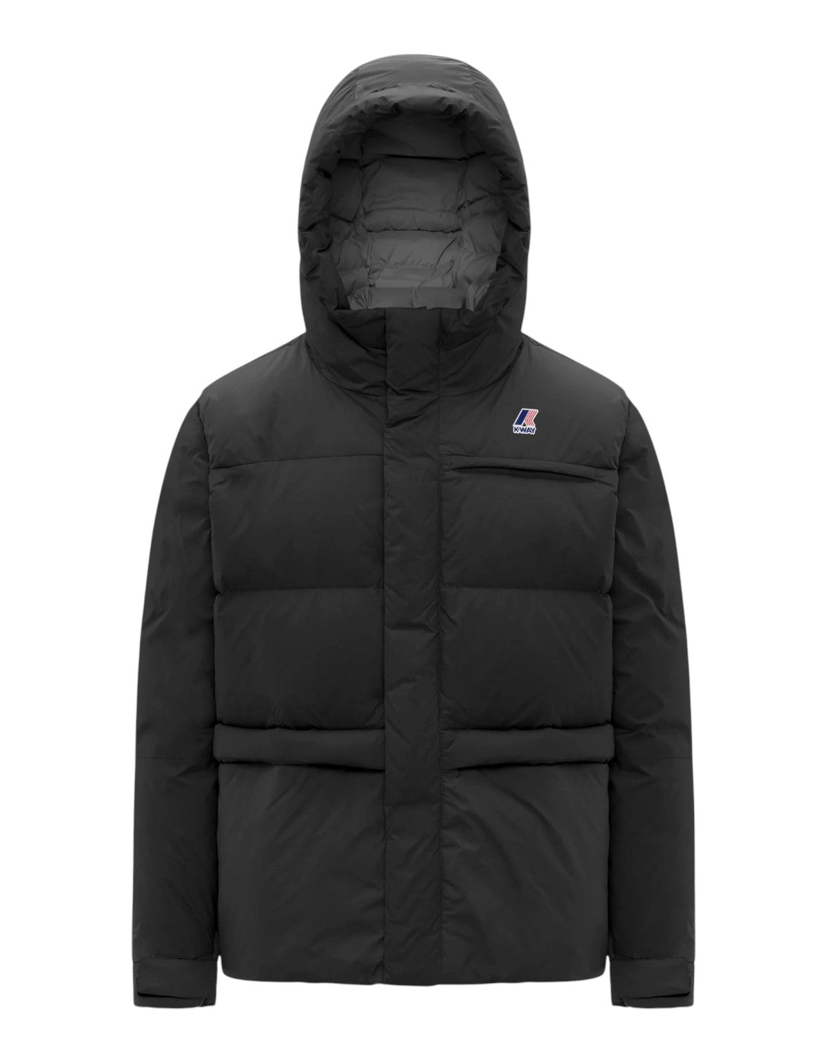 Giacca imbottita unisex DevidLabel K-Way Le Vrai 4.0 Aurele Heavy Warm in nero opaco con cappuccio e logo sul petto