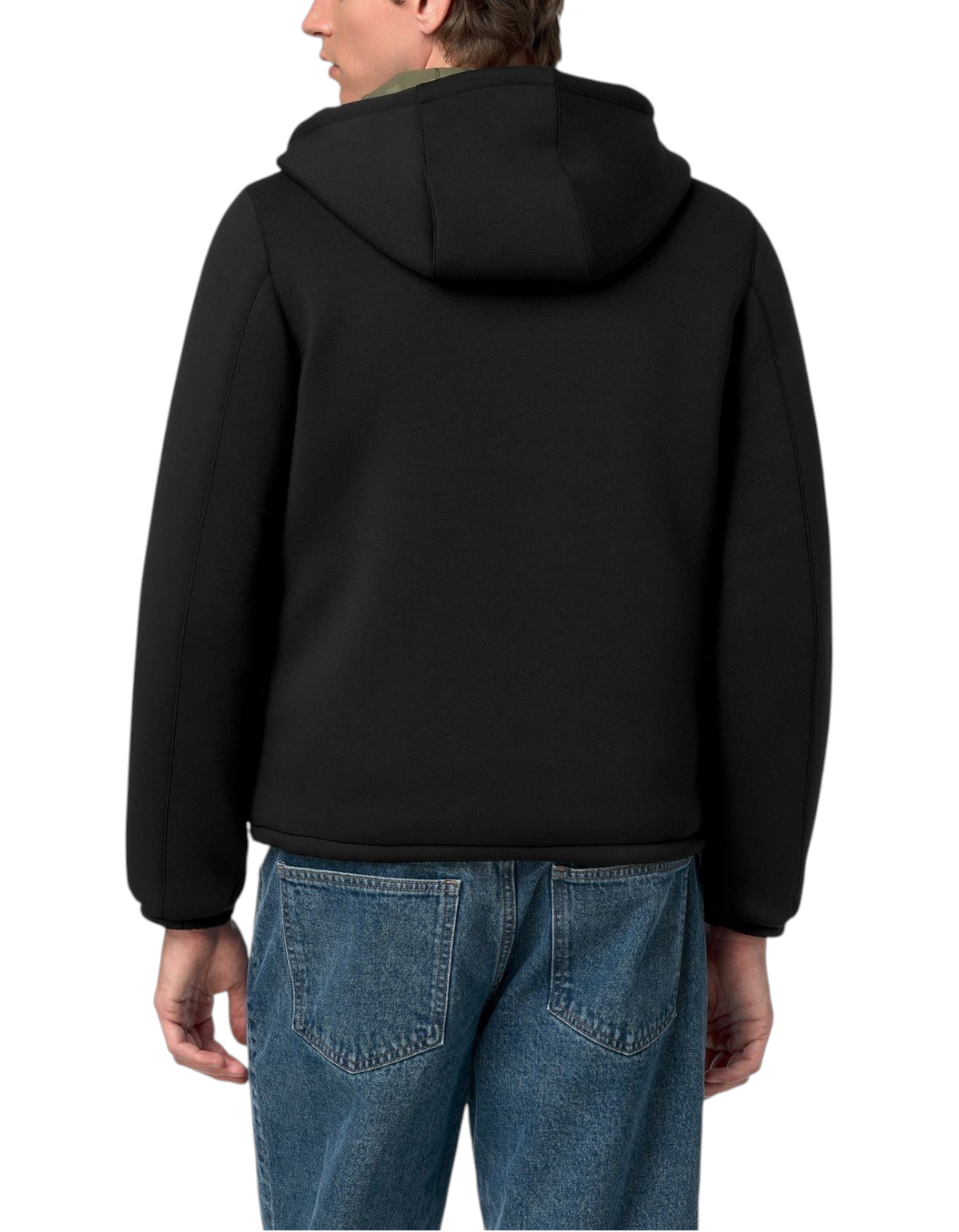 Vista posteriore della giacca K-Way Jack Spacer Nylon Double nera con cappuccio indossata da un uomo, DevidLabel