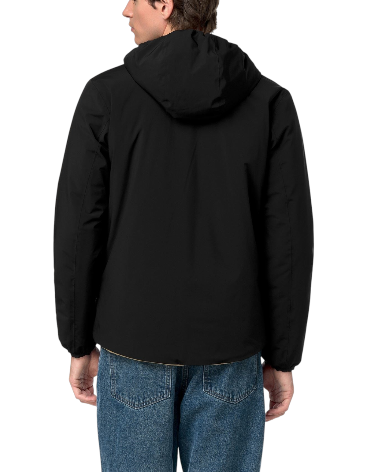Vista posteriore della giacca reversibile DevidLabel K-Way Jack ST Warm Double nera con cappuccio indossata da un uomo