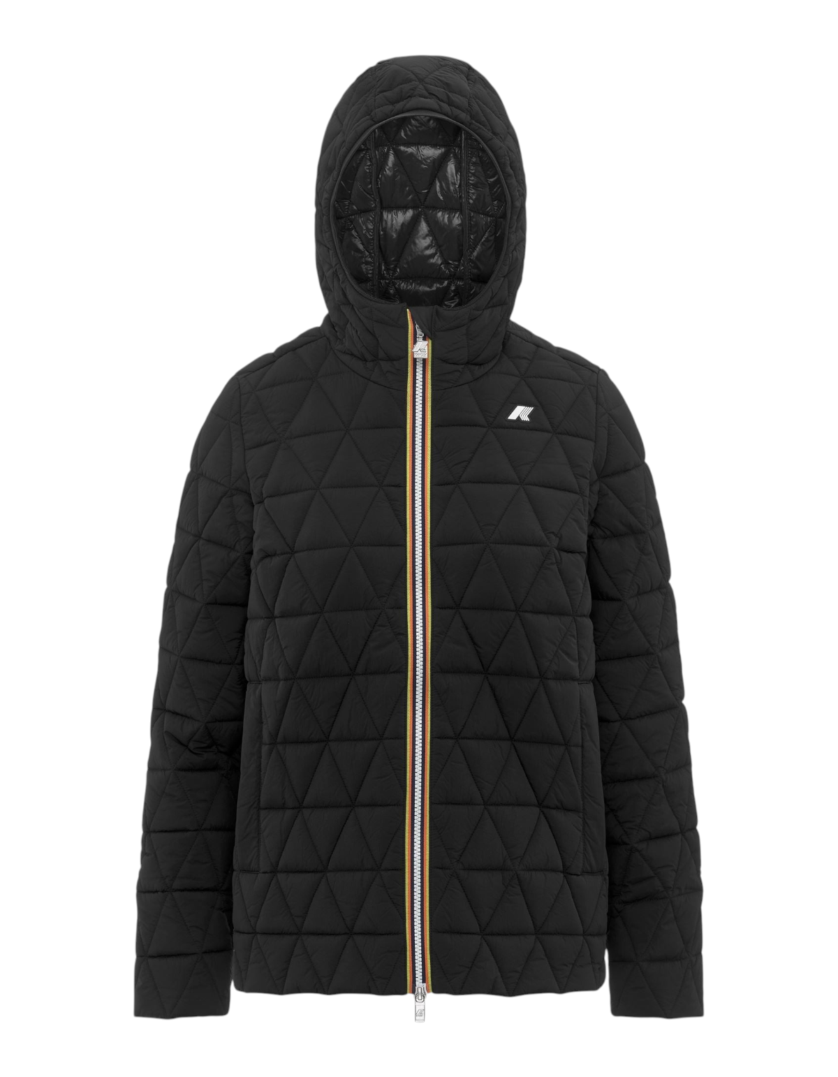 Giacca K-Way Madlaine Diamond Quilted Warm nera da donna con cappuccio e zip iconica, disponibile su DevidLabel