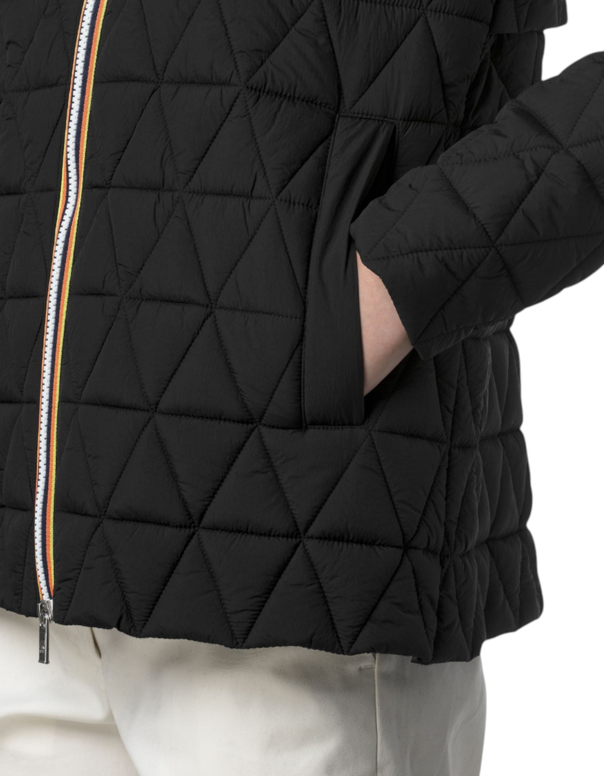 Giacca K-Way Madlaine Diamond Quilted Warm nera con trapuntatura a rombi e iconica zip tricolore DevidLabel