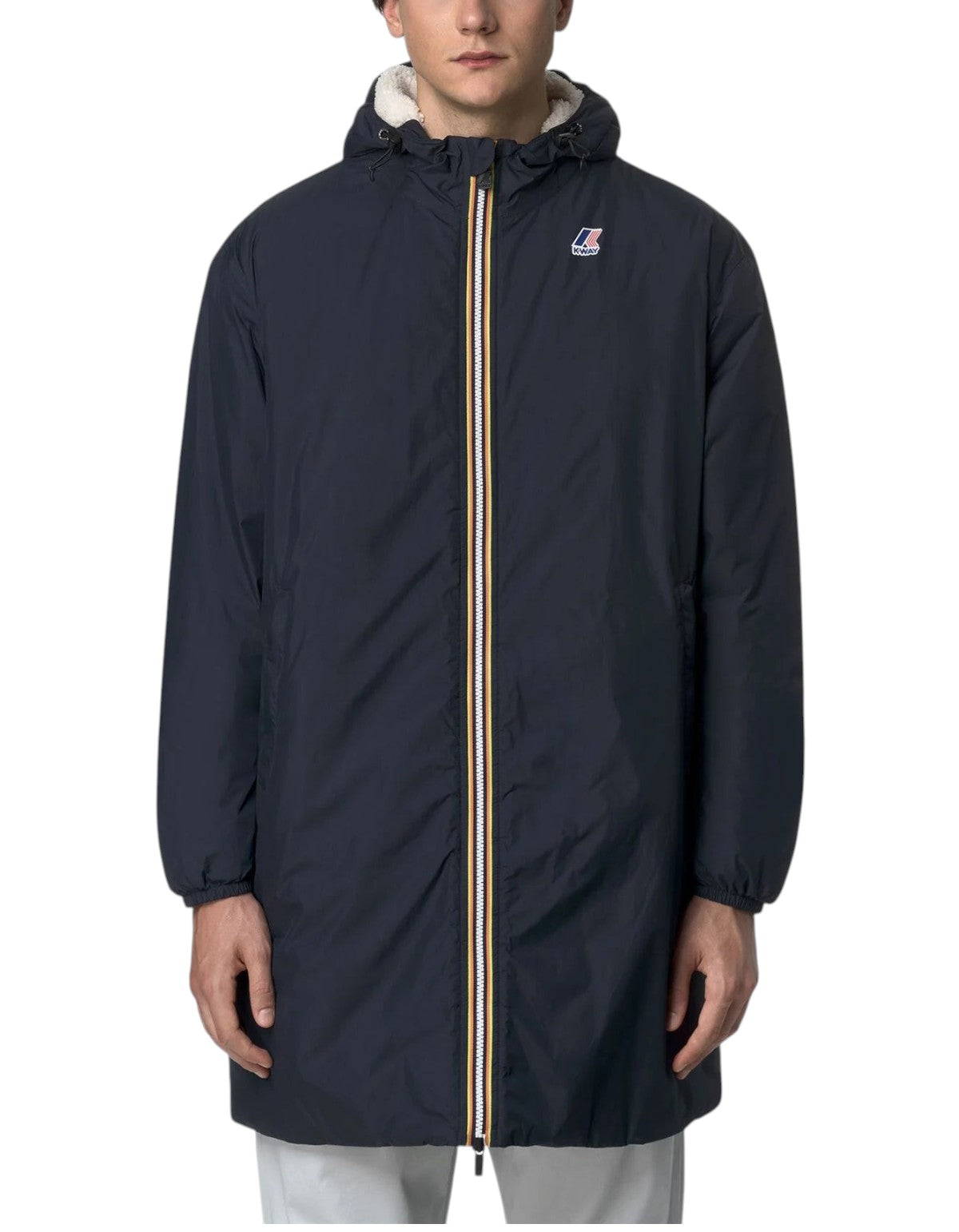 Giacca unisex DevidLabel K-Way Le Vrai 4.0 Eiffel East Orsetto blu scuro con interno in pile e zip iconica
