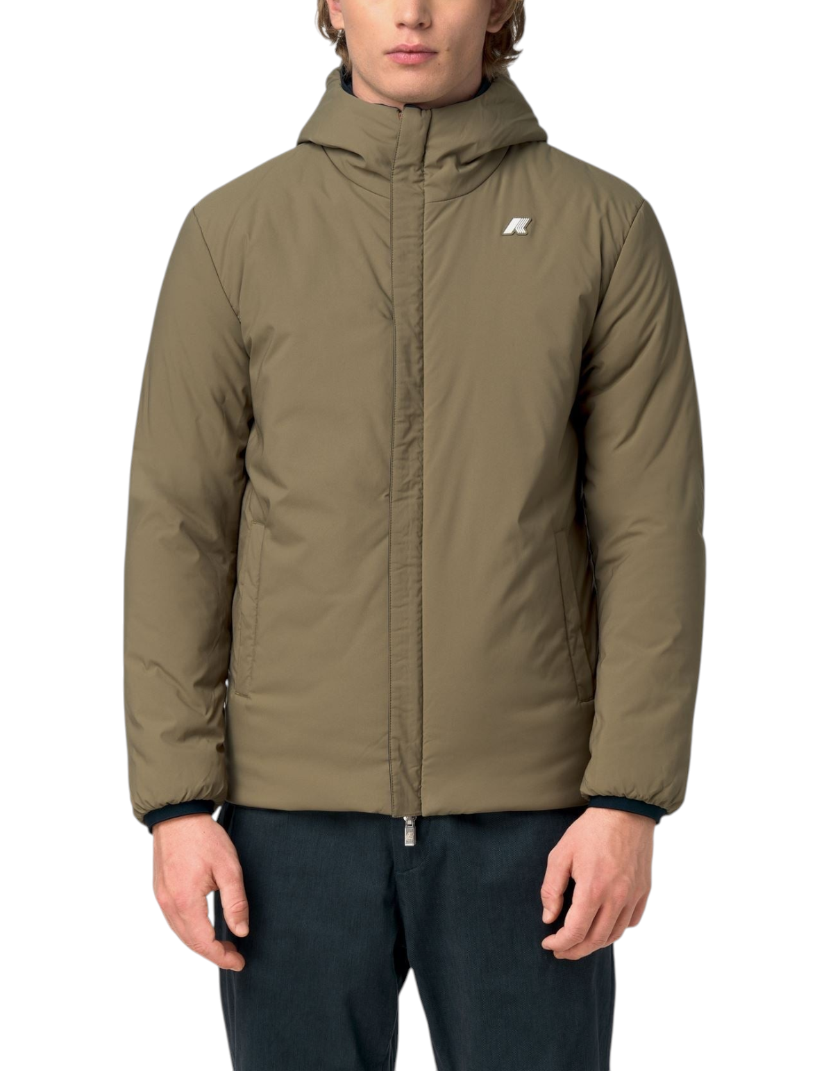 Giacca reversibile DevidLabel K-Way Jack ST Warm Double color verde militare e blu, modello invernale con cappuccio