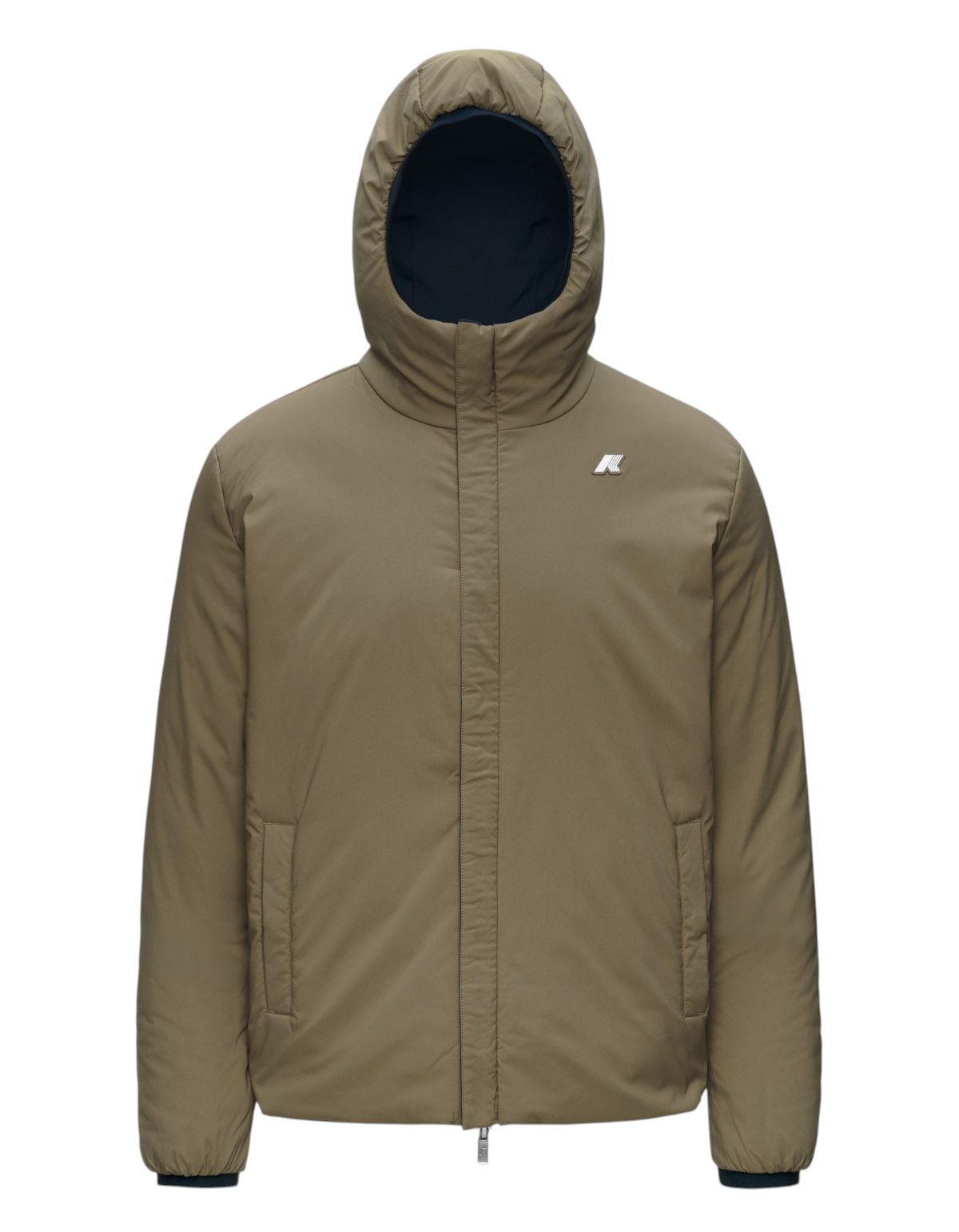 Giacca reversibile K-Way Jack ST Warm Double di DevidLabel in verde militare e blu, con cappuccio e logo sul petto.