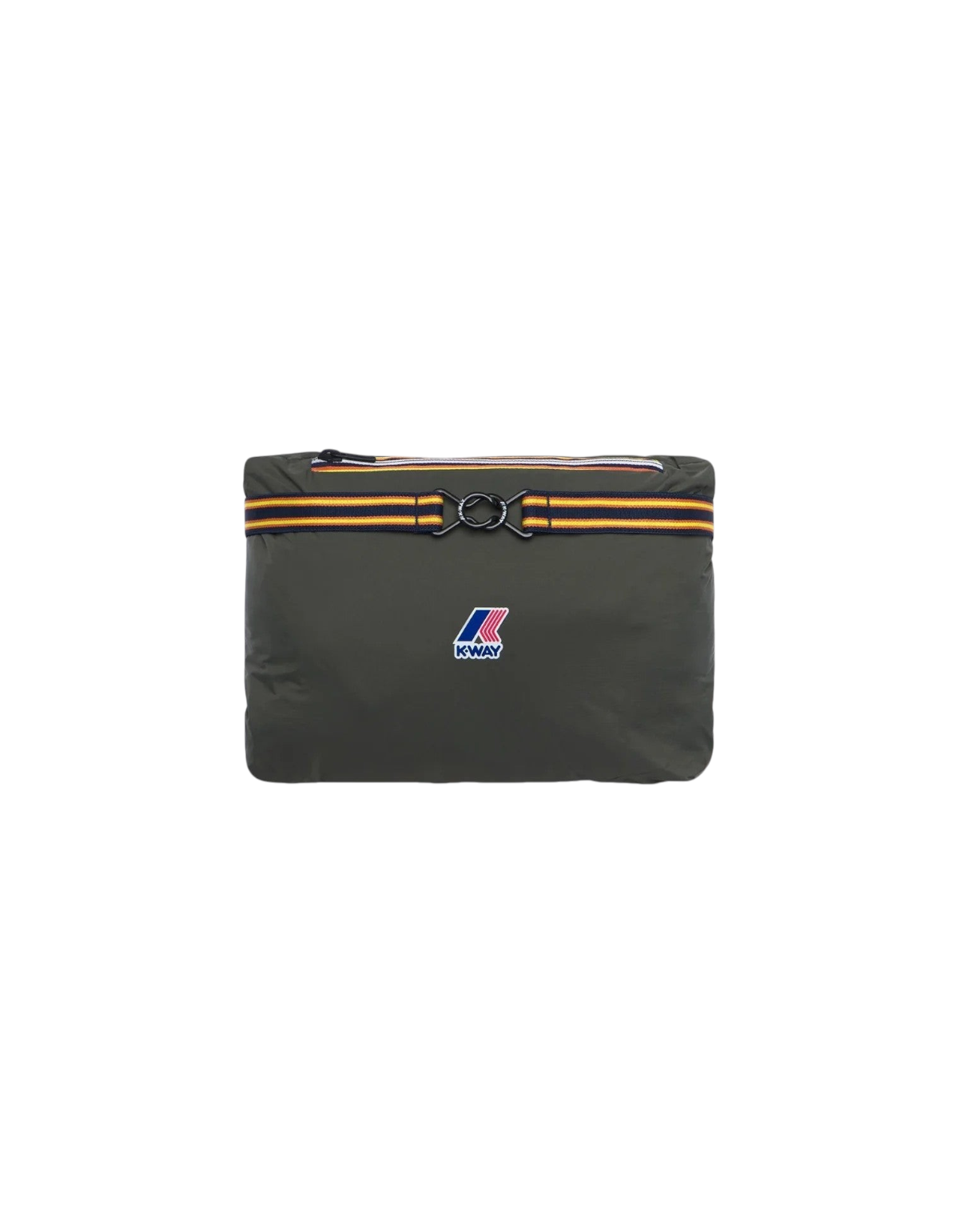 Giacca K-Way Le Vrai 4.0 Rouland Warm ripiegata in verde scuro con iconico nastro tricolore e logo DevidLabel
