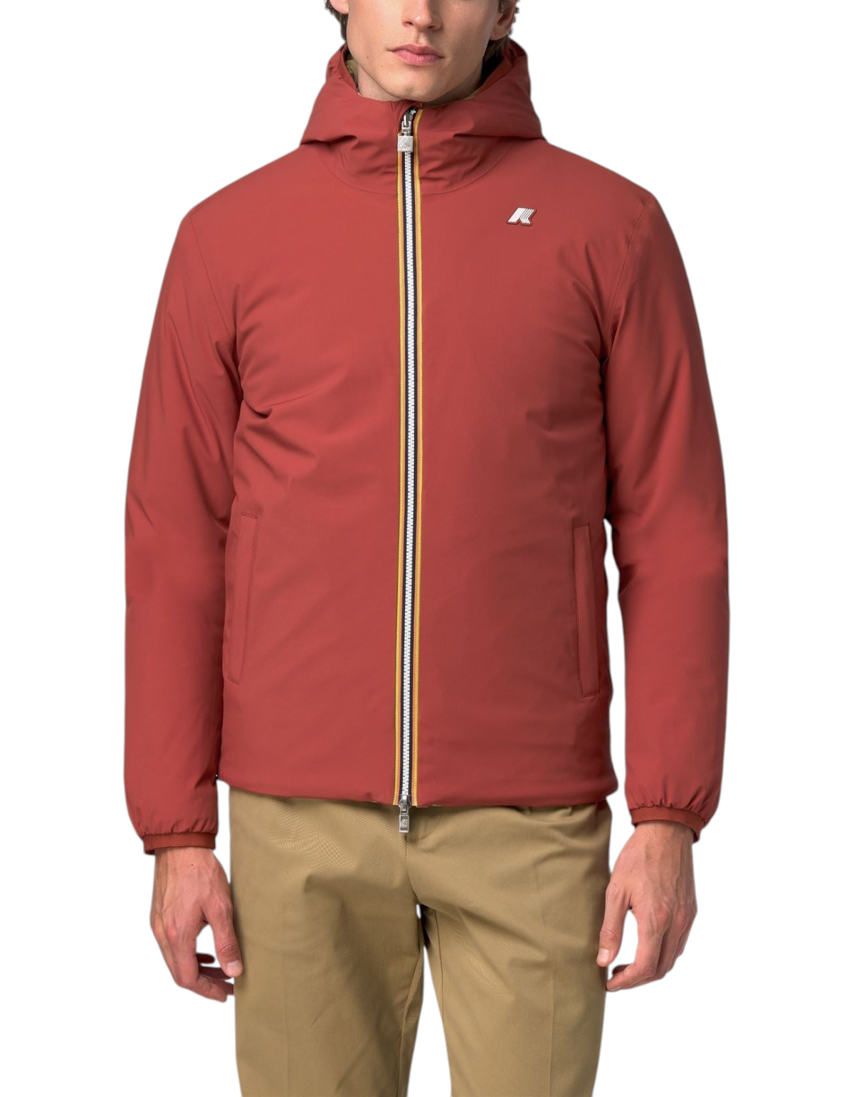 Giacca reversibile DevidLabel K-Way Jack ST Warm Double color rosso chili e beige con cappuccio e zip frontale