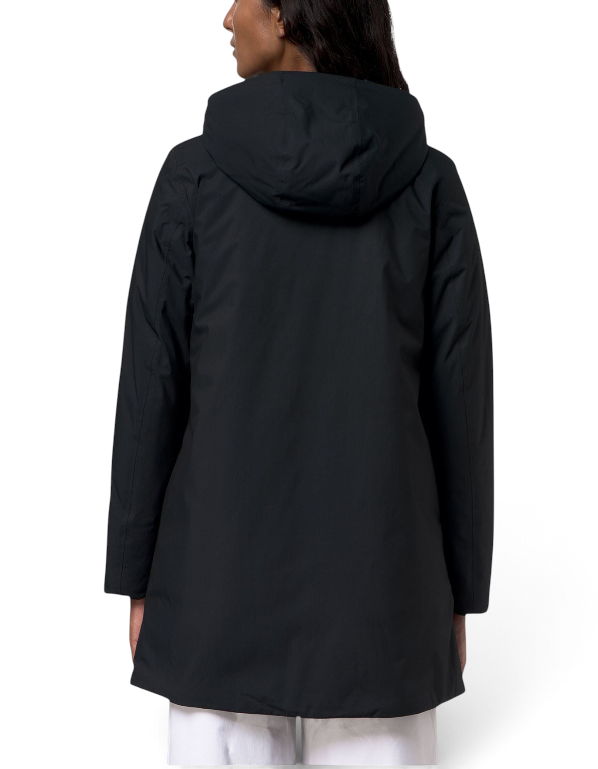 Vista posteriore della giacca DevidLabel K-Way Sophie Twill Soft Beaver nera con cappuccio, ideale per l'inverno.