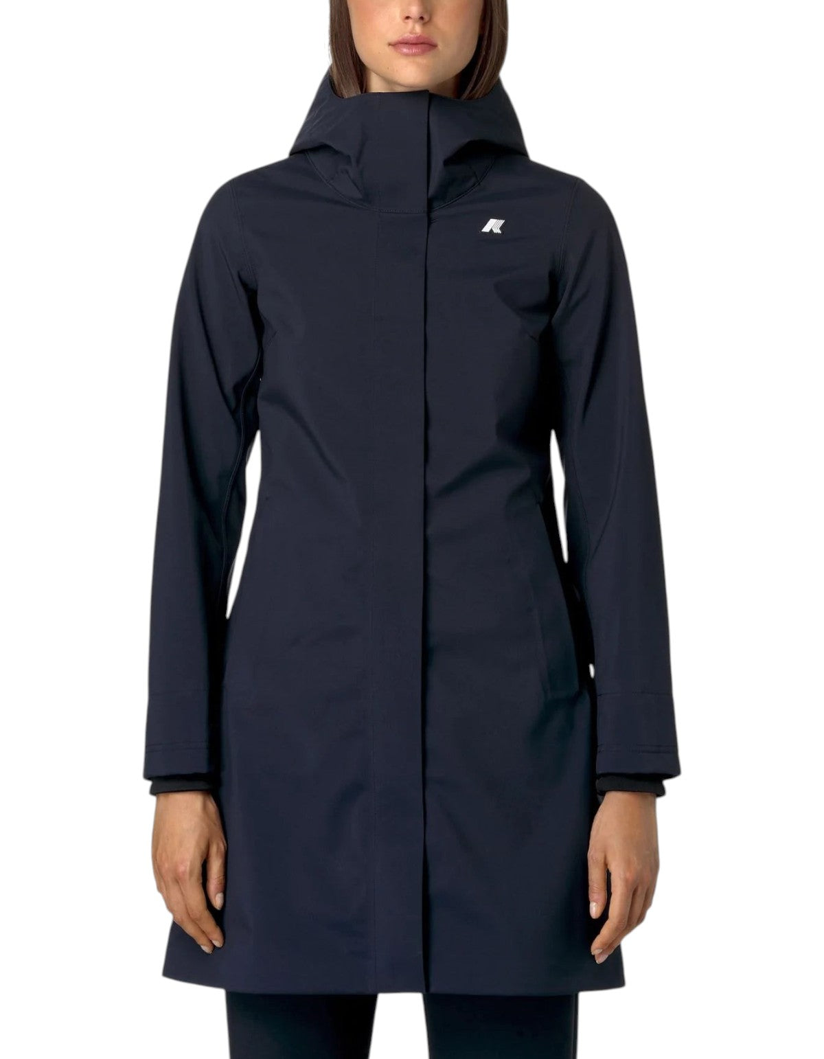 Giacca K-Way Stephy Bonded da donna blu scuro con cappuccio, proposta da DevidLabel per un look urbano tecnico.