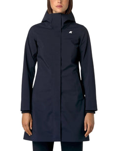 Giacca K-Way Stephy Bonded da donna blu scuro con cappuccio, proposta da DevidLabel per un look urbano tecnico.