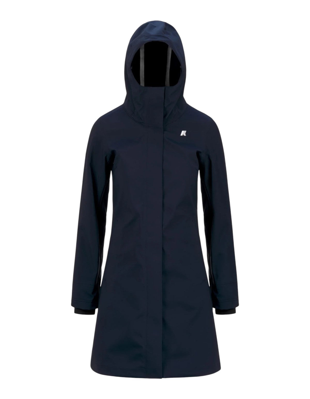 Giacca K-Way Stephy Bonded da donna color blu scuro con cappuccio, proposta da DevidLabel per uno stile urbano