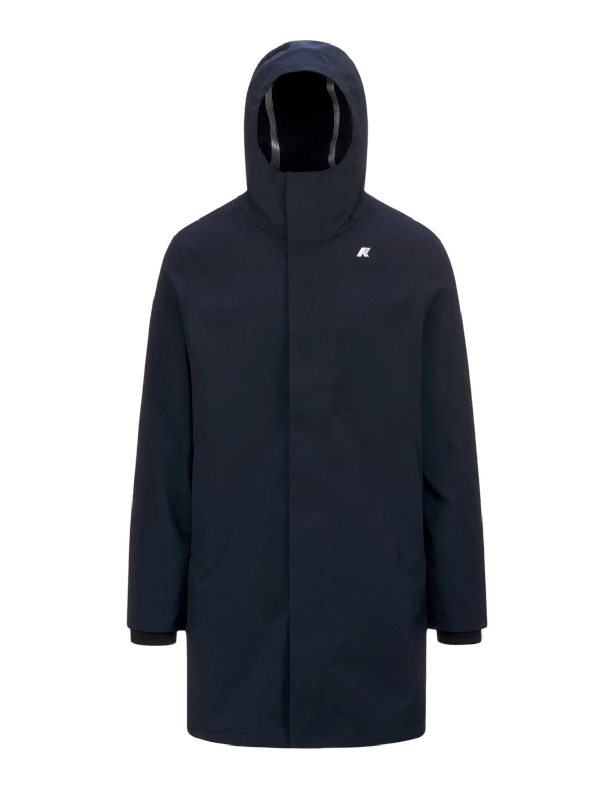 Giacca K-Way Thomas Bonded blu scuro da uomo con cappuccio, design tecnico e logo DevidLabel sul petto.
