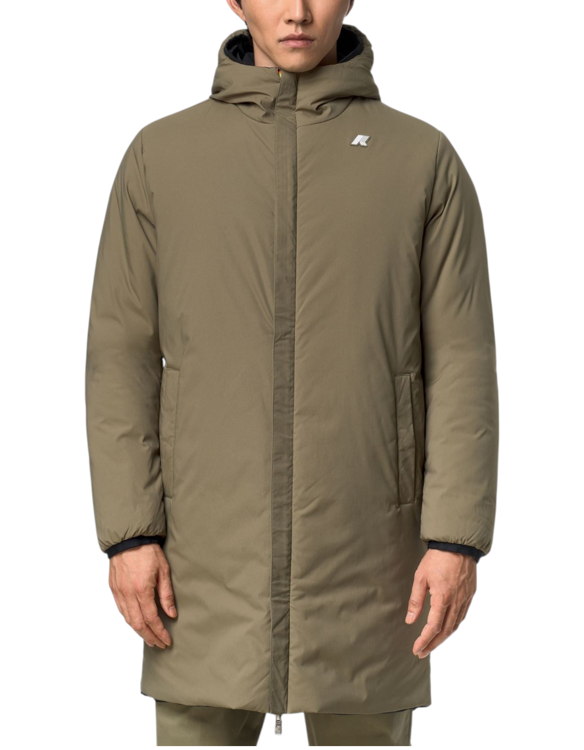 Giacca reversibile K-Way Jacob ST Warm Double color verde militare indossata da un uomo, proposta da DevidLabel