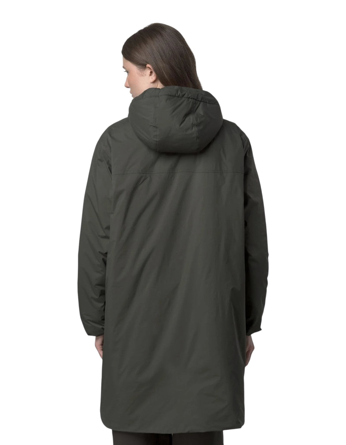 Vista posteriore della giacca unisex DevidLabel K-Way Le Vrai 4.0 Eiffel Orsetto in colore verde scuro con cappuccio