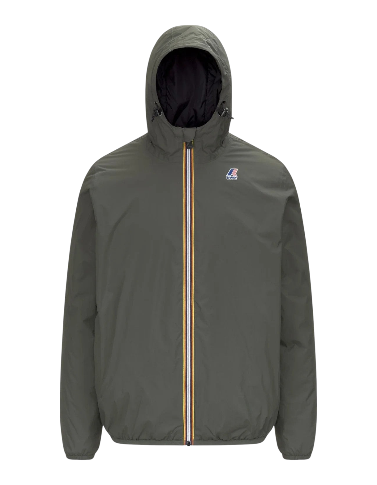 Giacca K-Way Le Vrai 4.0 Claude Warm DevidLabel color verde scuro con zip iconica e cappuccio, stile urbano unisex.