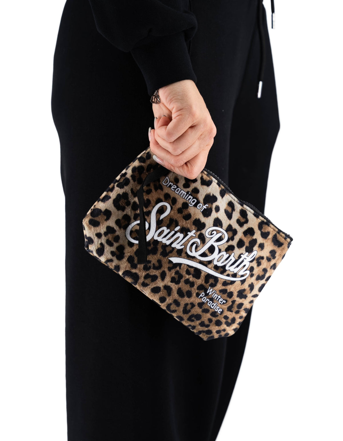 Pochette DevidLabel MC2 Saint Barth Aline in tessuto tecnico leopardato con scritta Dreaming of Saint Barth