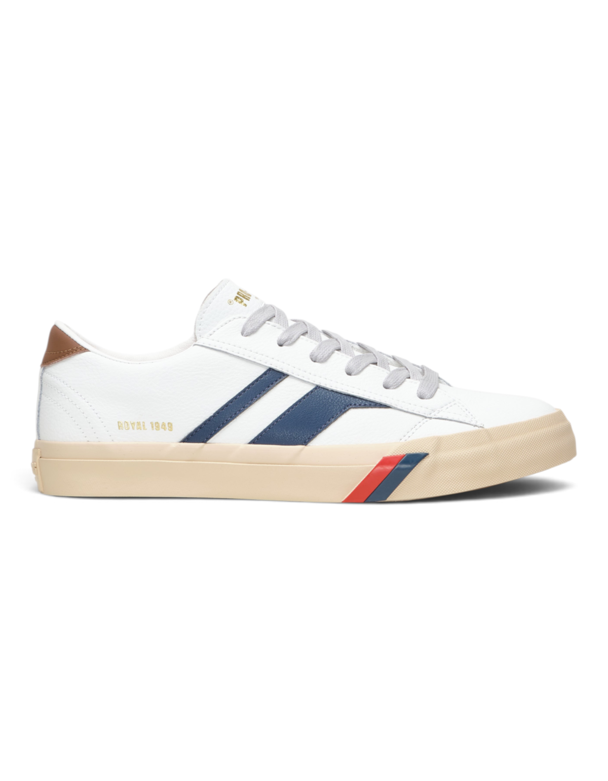 Sneaker DevidLabel Pro-Keds Royal Classic in pelle bianca con dettagli blu e suola in gomma color crema