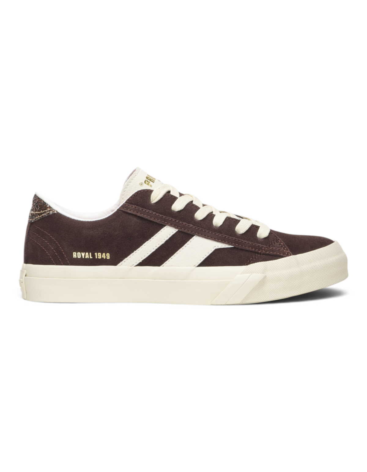 Sneaker DevidLabel Pro-Keds Royal Classic in suede color prugna e crema con dettagli glitter e suola in gomma
